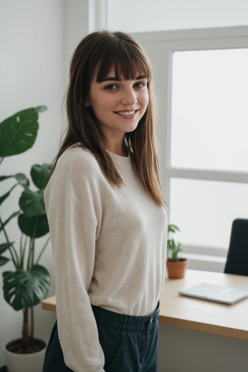 02237-685329976-RAW Photo, DSLR BREAK a young woman with bangs, (light smile_0.8), (smile_0.5), wearing relaxed shirt and trousers, causal cloth.png